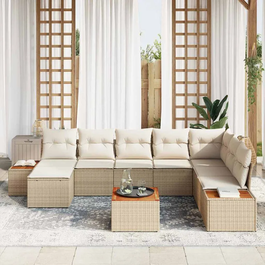 Ensemble de canapé de jardin 9 pcs Beige et crème Polyrotin - 3