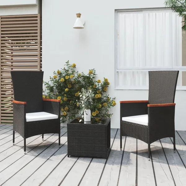 Ensemble de salon de jardin 3 pcs noir poly rotin et acier