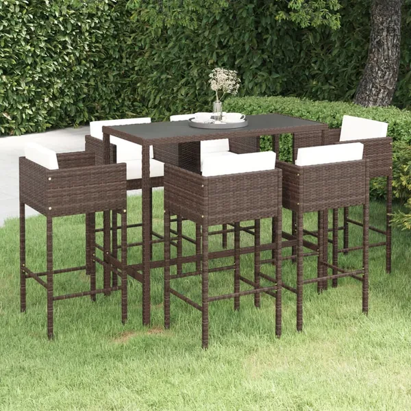 Ensemble de bar de jardin 7pcs coussins Résine tressée Marron