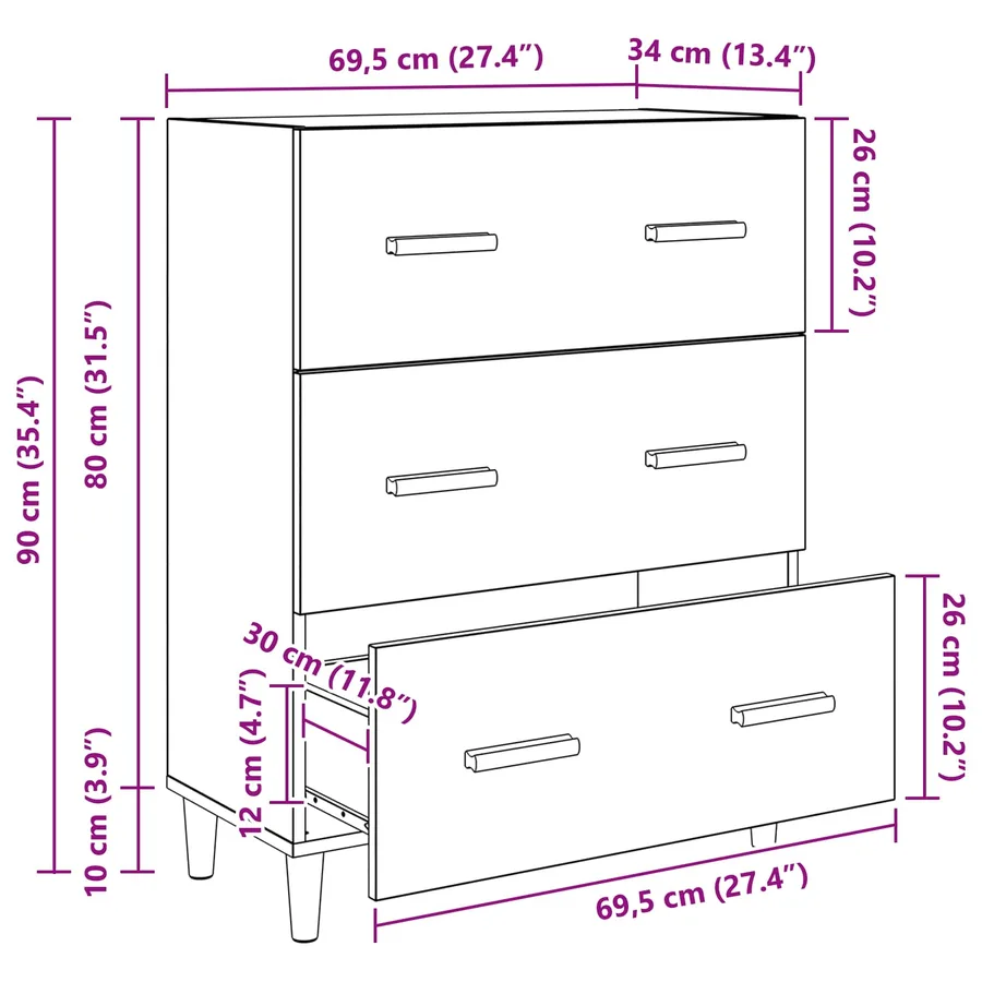 Buffet Chêne noir 69,5 x 34 x 90 cm Bois d'ingénierie - 14