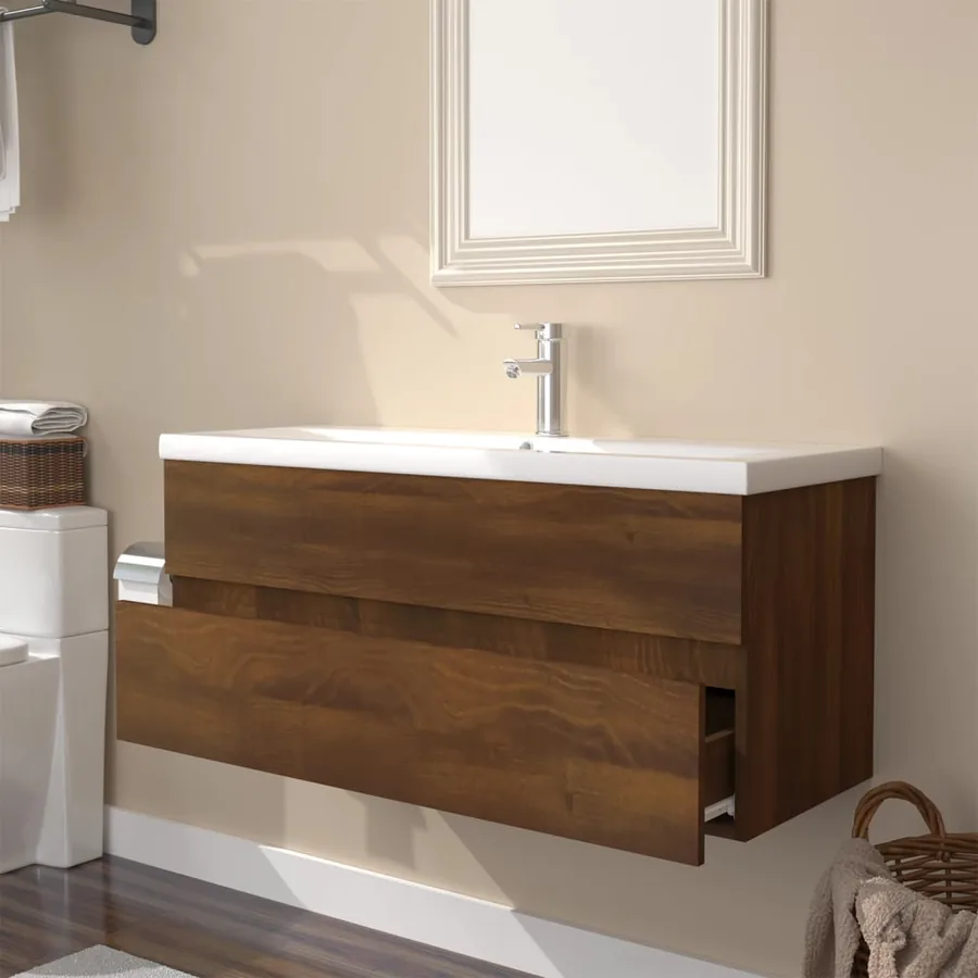 Meuble lavabo avec bassin intégré Chêne brun Bois d'ingénierie - 3