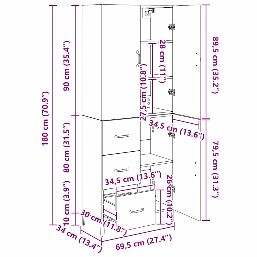 Haut Armoire Bois Ancien 69,5 x 34 x 180 cm Bois d'ingénierie - 15