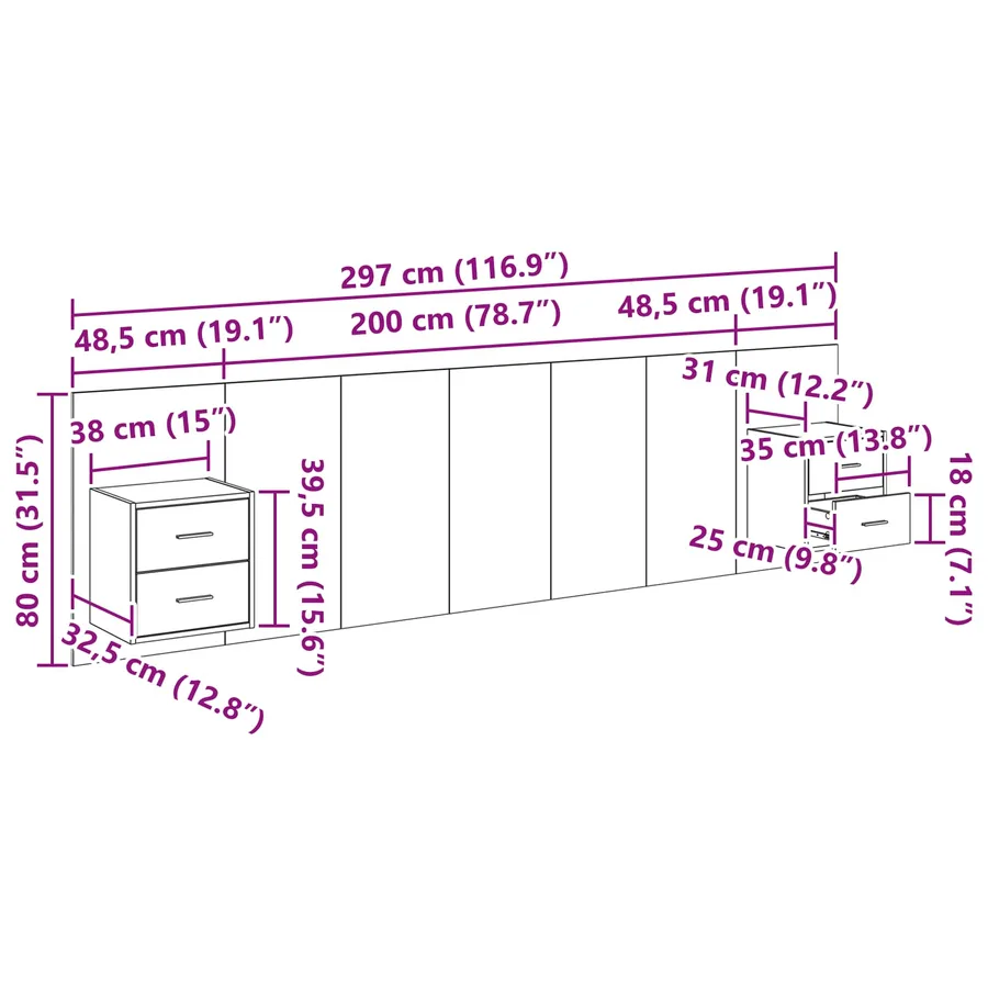Tête de lit avec armoire 3 pcs Bois Ancien Bois d'ingénierie - 15