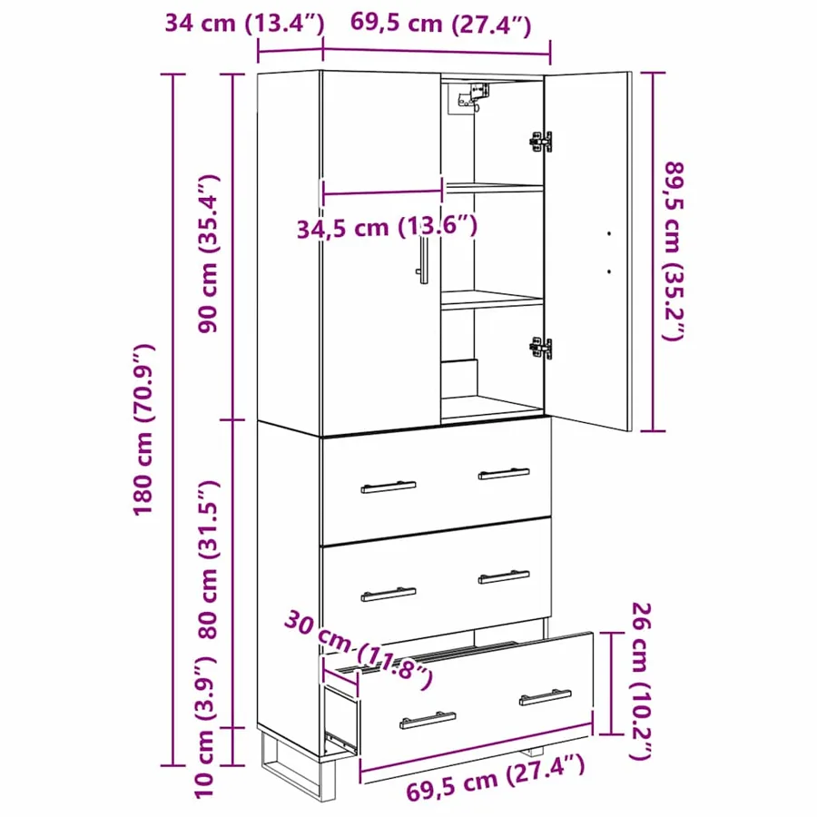 Haut Armoire avec tiroir 2 pcs Bois Ancien 69,5 x 34 x 180 cm - 14