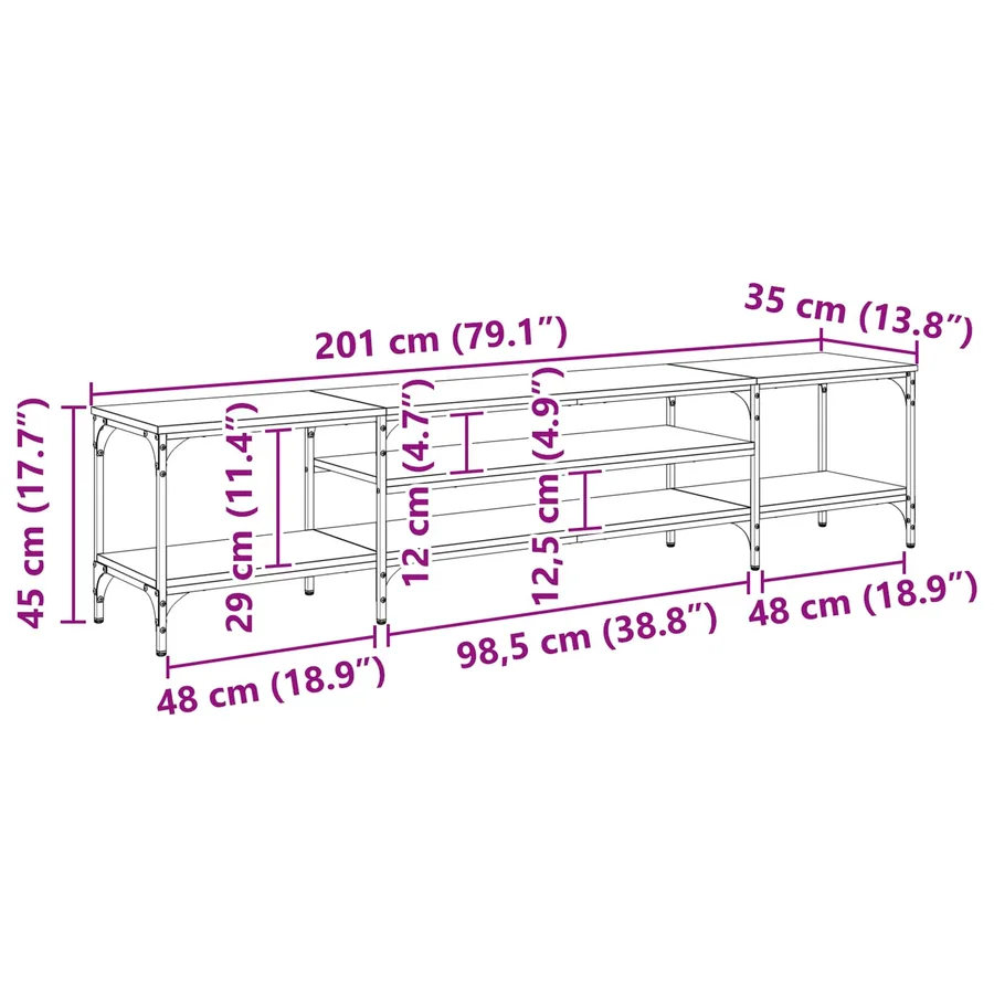Meuble TV Chêne noir 201 x 35 x 45 cm Bois d'ingénierie et fer - 12