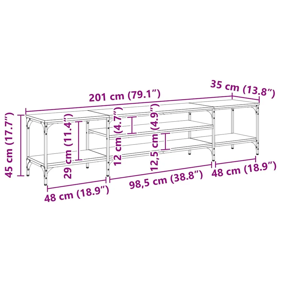 Meuble TV Chêne noir 201 x 35 x 45 cm Bois d'ingénierie et fer - 13