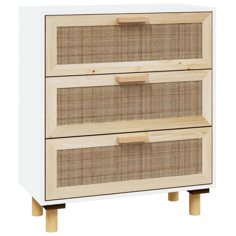 Buffet Blanc 60x30x70 cm Bois de pin massif et rotin naturel - 2