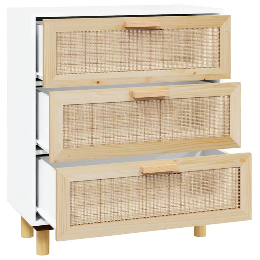 Buffet Blanc 60x30x70 cm Bois de pin massif et rotin naturel - 4