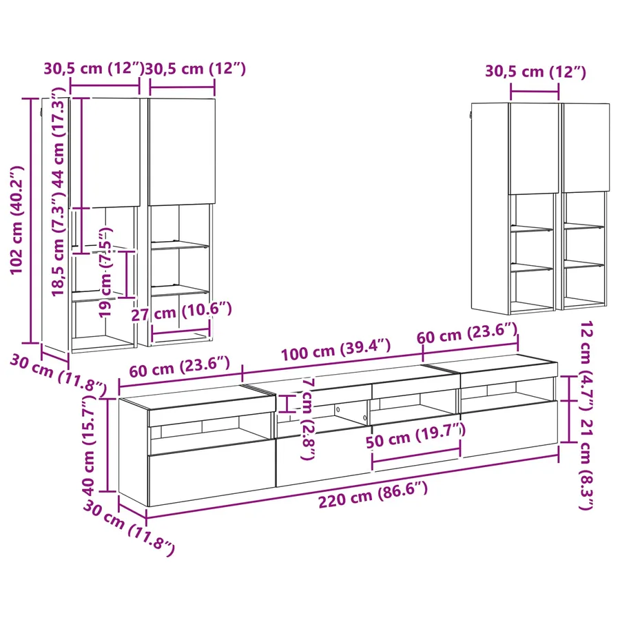 Ensemble de meuble TV mural avec éclairage LED 7 pcs - 15