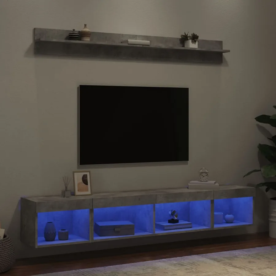 Unités murales TV avec LED 5 pcs gris béton bois d'ingénierie