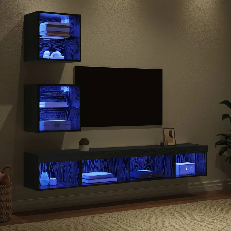 Unités murales TV avec LED 5 pcs Chêne noir Bois d'ingénierie - 5