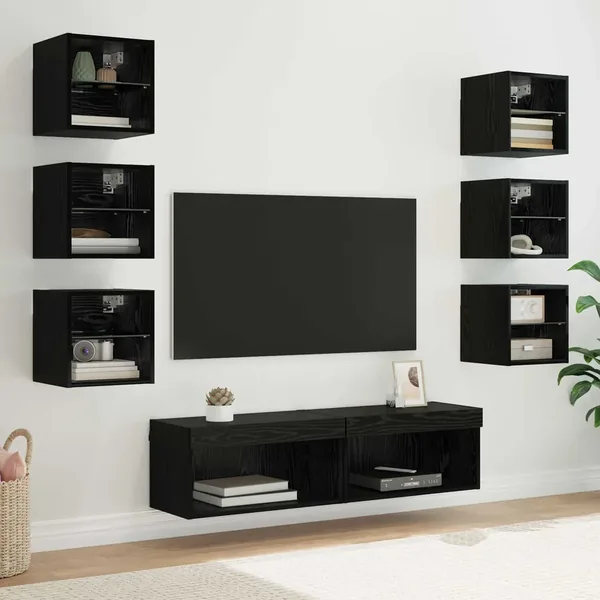 Meuble TV avec des lumières à LED 8 pcs Chêne noir Verre