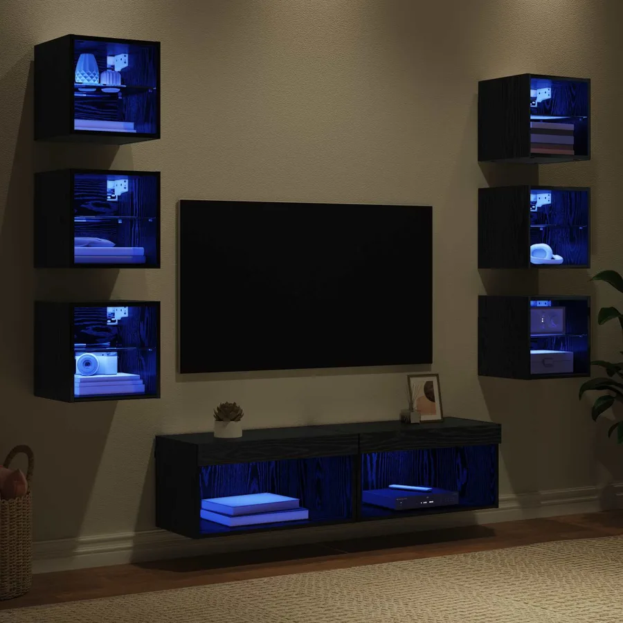Meuble TV avec des lumières à LED 8 pcs Chêne noir Verre - 5