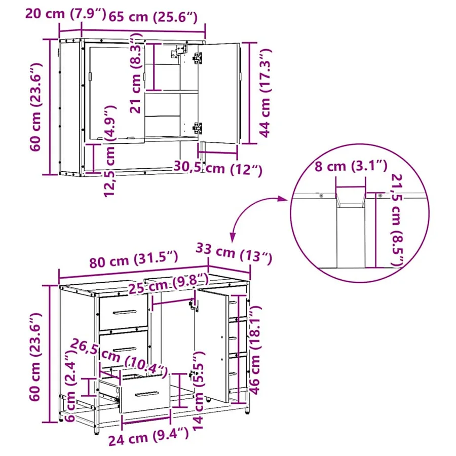 Ensemble de mobilier de salle de bain 3 pcs Bois Ancien - 18
