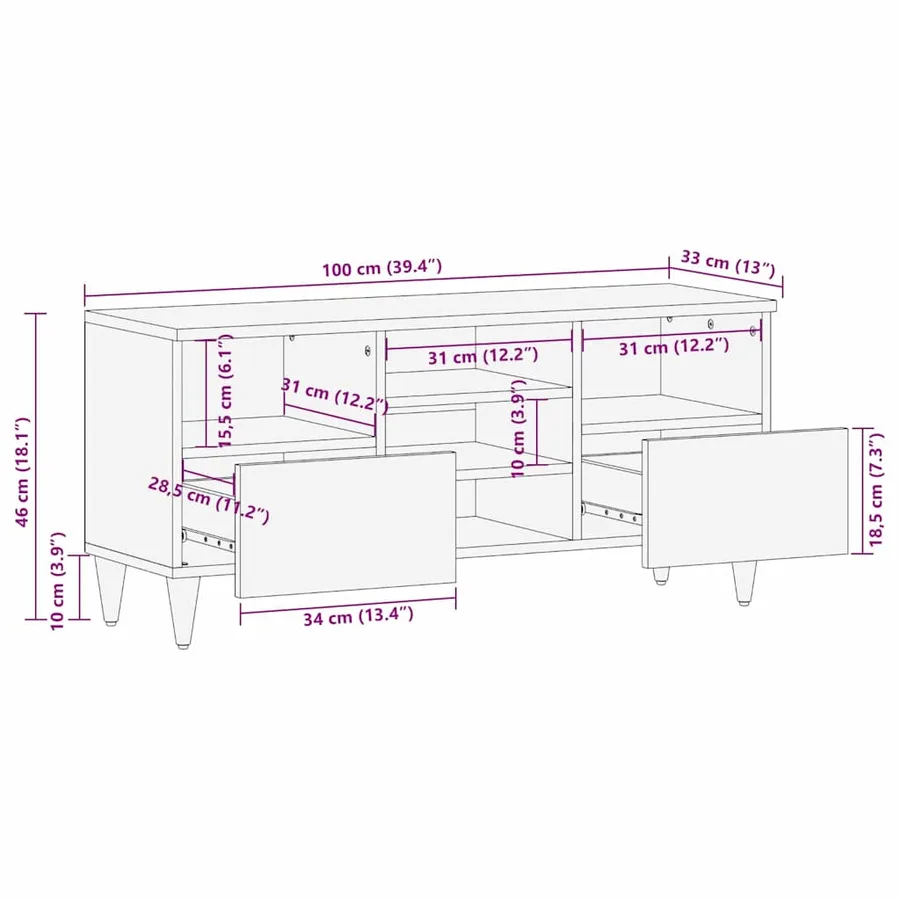 Meuble TV Noir 100 x 33 x 46 cm Bois de mangue massif - 11
