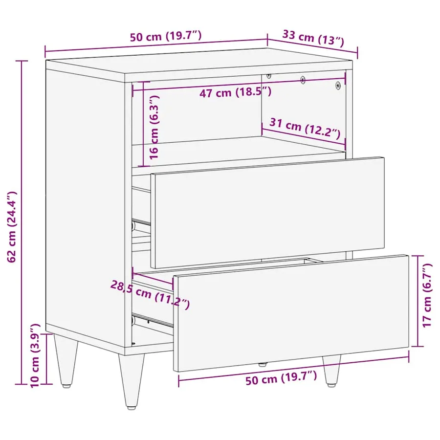 Cabinet de chevet Noir 50 x 33 x 62 cm Bois de mangue massif - 11