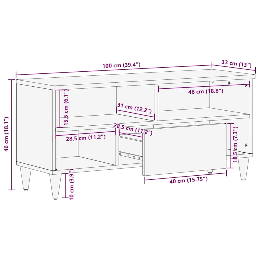 Meuble TV Noir 100 x 33 x 46 cm Bois de mangue massif - 11