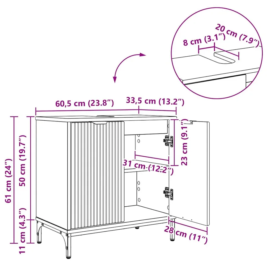 Meuble de Lavabo de Salle de Bain Noir 60,5 x 33,5 x 61 cm - 14