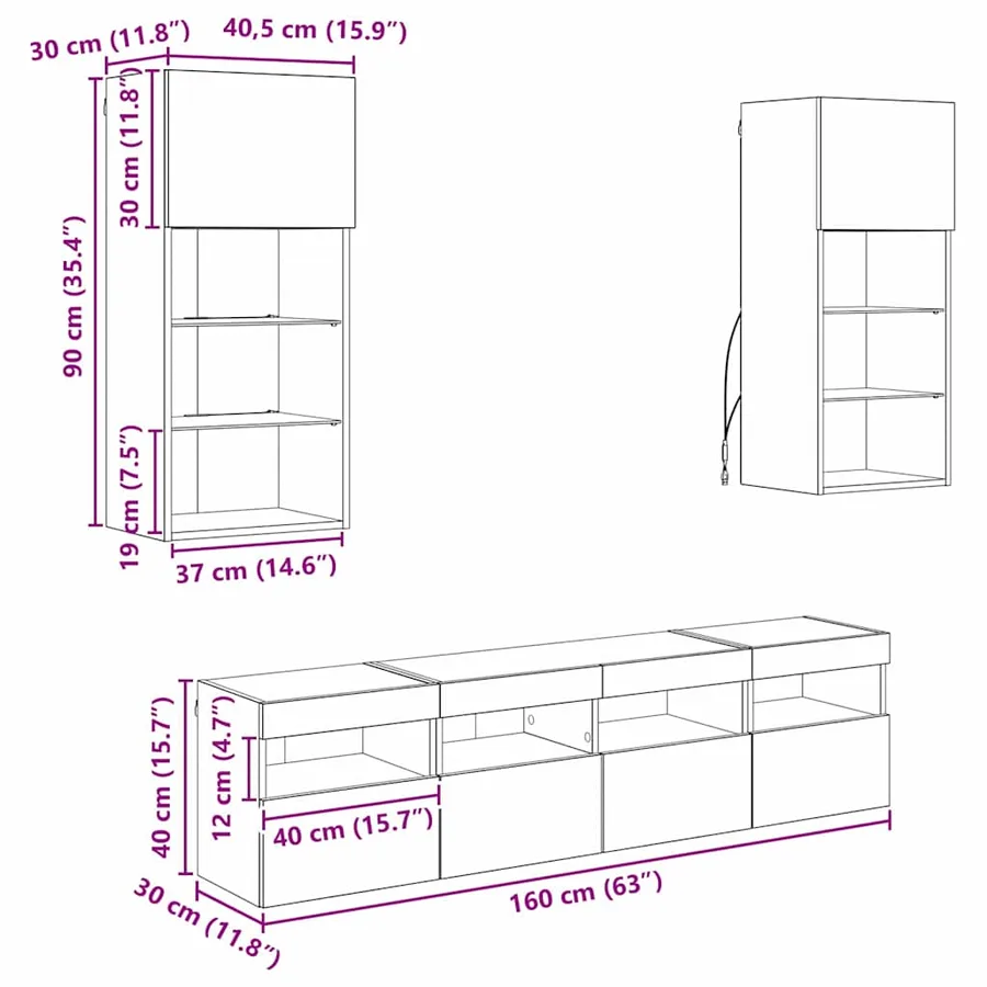 Unités murales TV avec LED 5 pcs Chêne noir 40,5 x 30 x 90 cm - 15