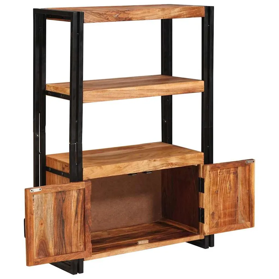 Bibliothèque avec portes Marron Bois d'acacia massif et métal - 2