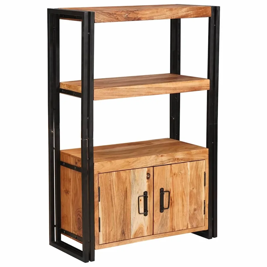 Bibliothèque avec portes Marron Bois d'acacia massif et métal - 3