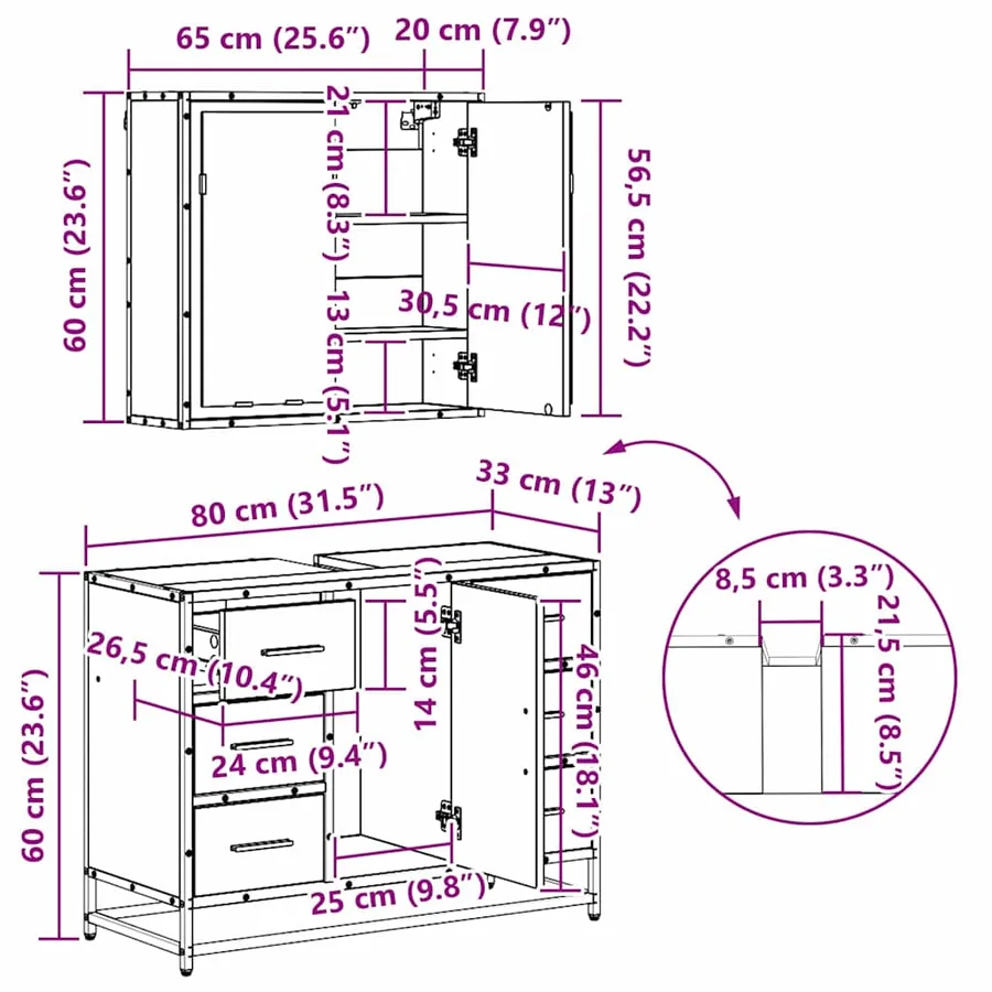 Ensemble de mobilier de salle de bain 3 pc Chêne artisanal - 18