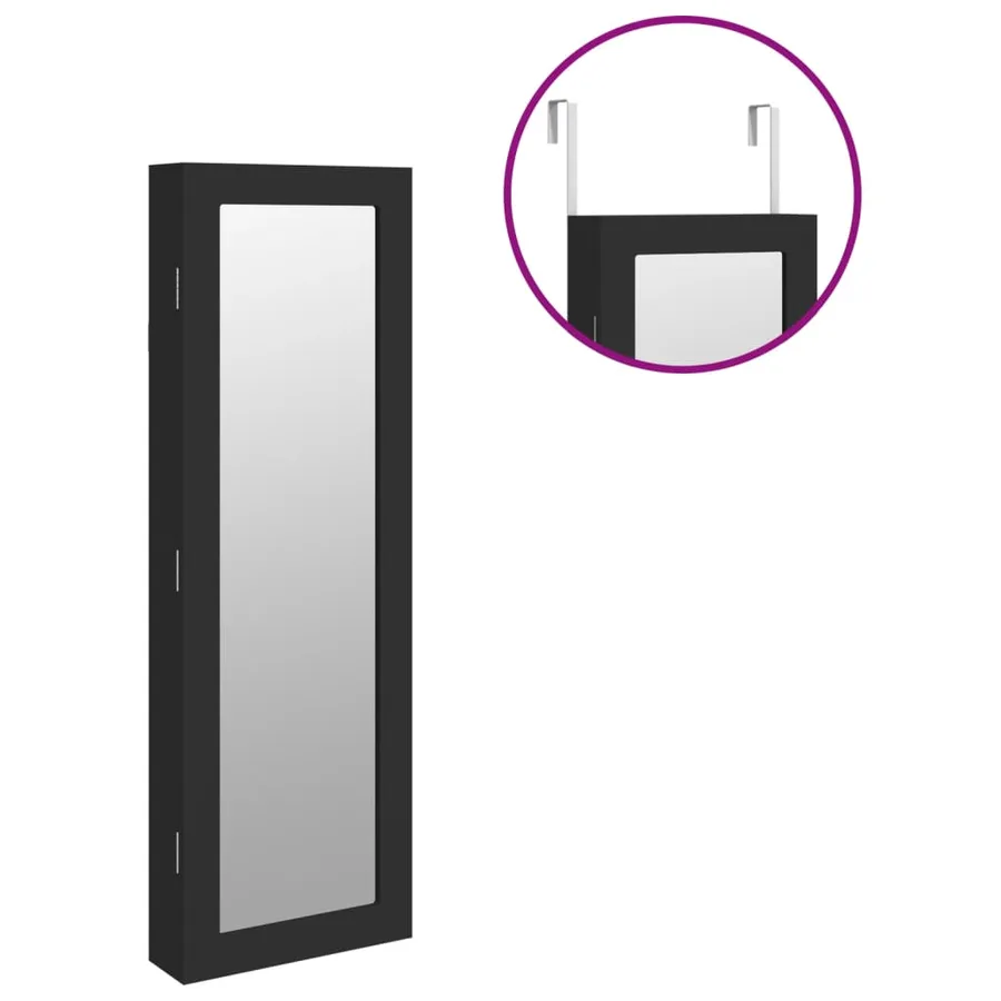 Armoire à bijoux avec miroir murale noir 30x8,5x90 cm - 9