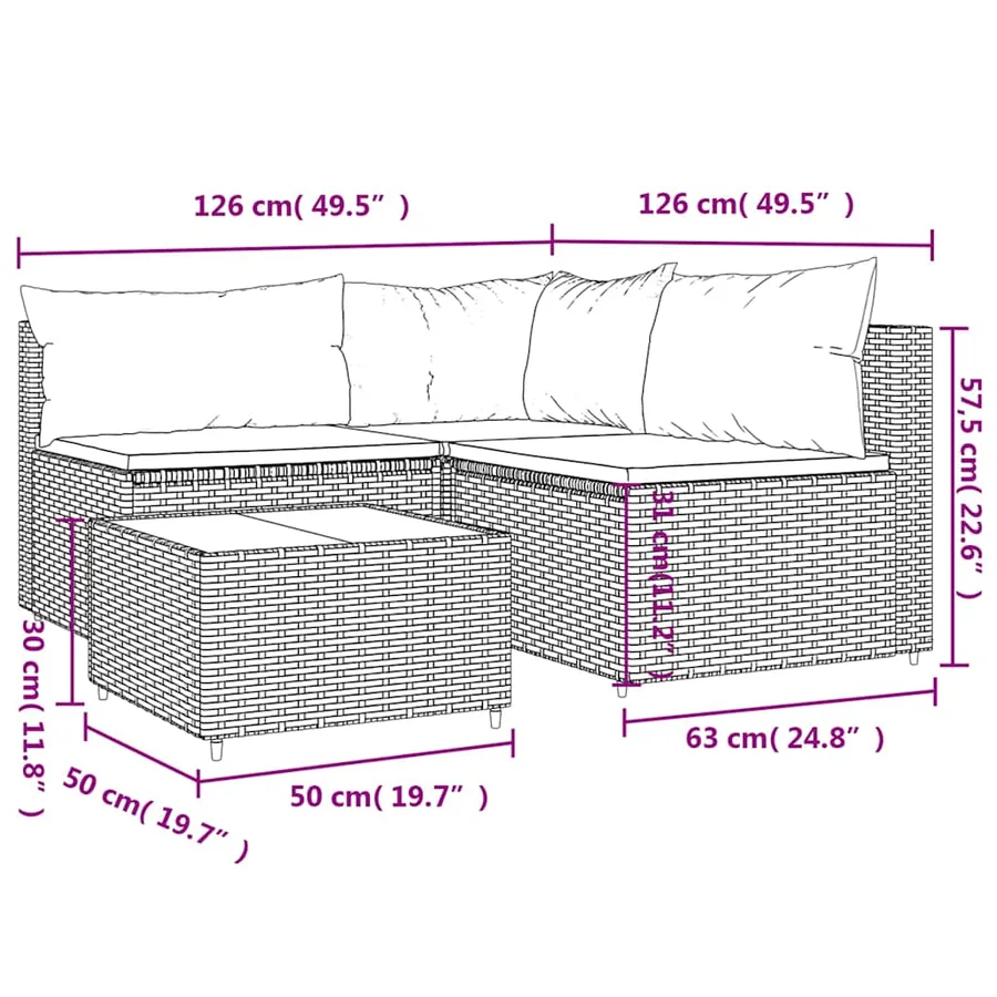 Salon de jardin 4 pcs avec coussins Noir Résine tressée - 11