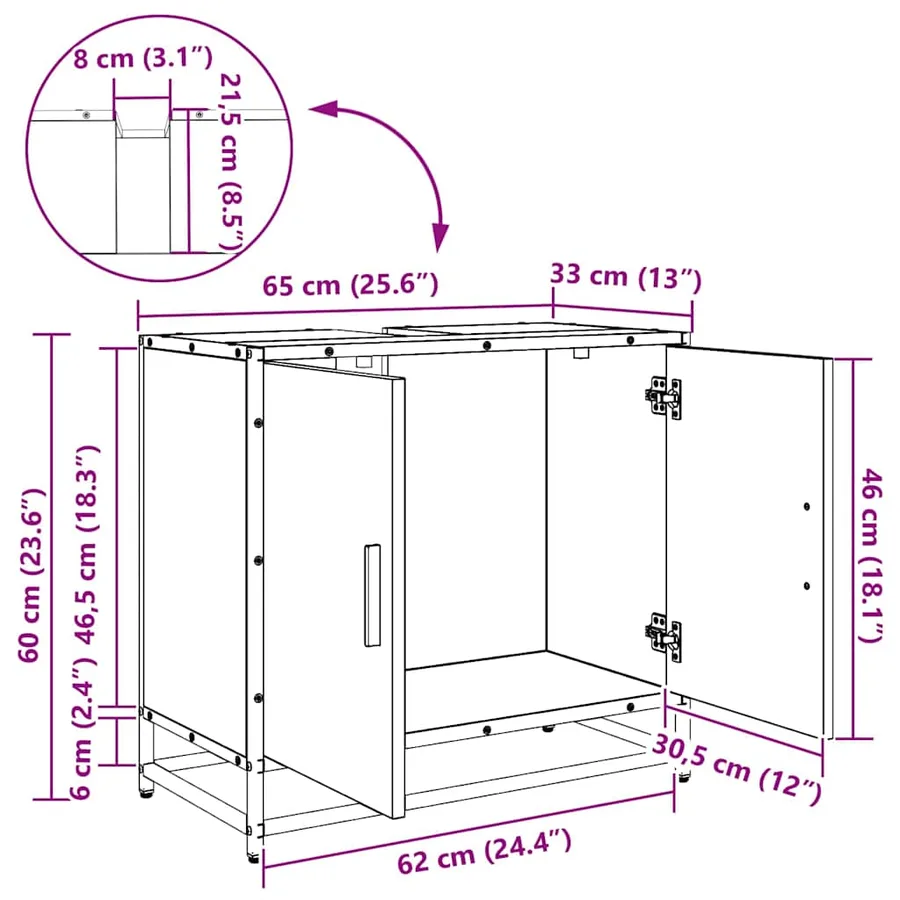 Meuble de Lavabo de Salle de Bain Chêne noir 65 x 33 x 60 cm - 13