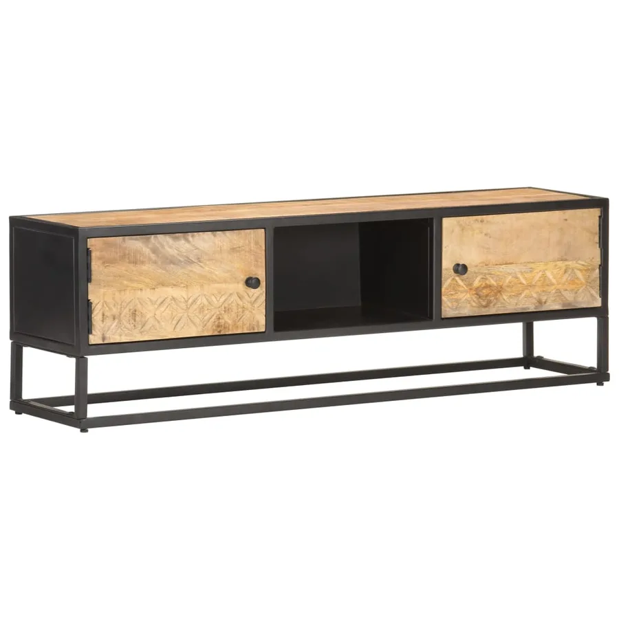 Meuble TV avec porte sculptée 130x30x40cm Bois de manguier brut - 11