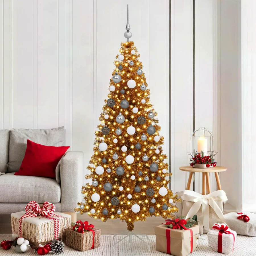 Sapin de Noël avec 300 LED avec support Doré 180 cm PET
