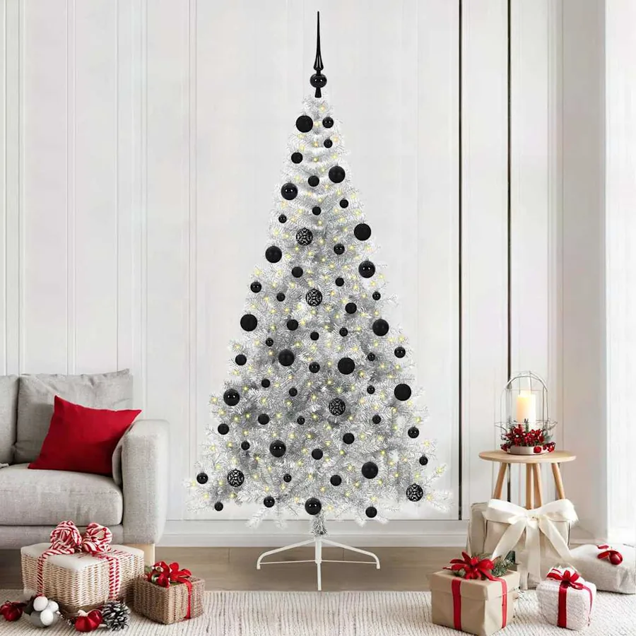 Sapin de Noël artificiel pré-éclairé Argent 210 cm PET