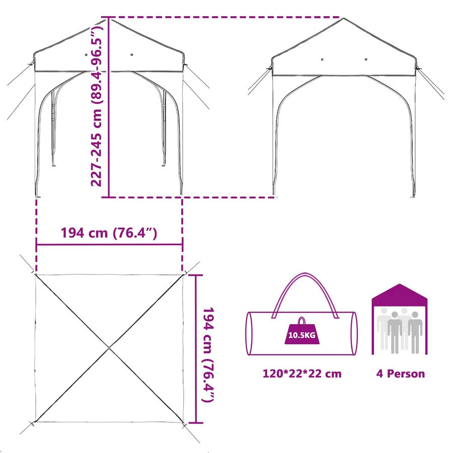 Tente de fête pop-up 194 x 194 x 245 cm Anthracite - 16