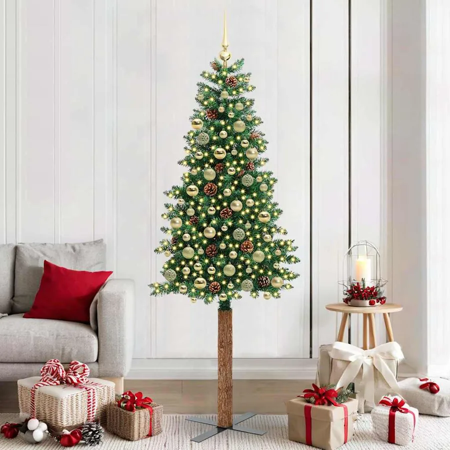 Sapin de Noël mince Vert 210 cm PVC et bois de pin massif