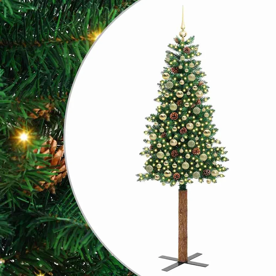 Sapin de Noël mince Vert 210 cm PVC et bois de pin massif - 2