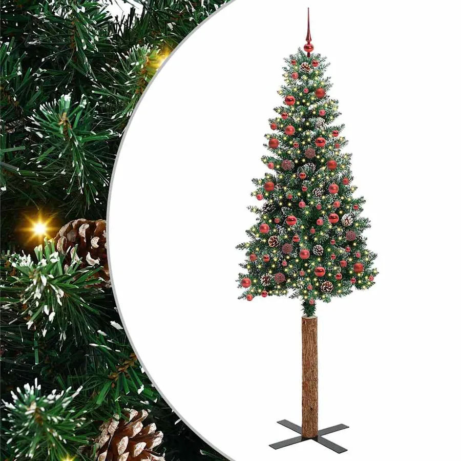 Sapin de Noël mince Vert 210 cm PVC et bois de pin massif