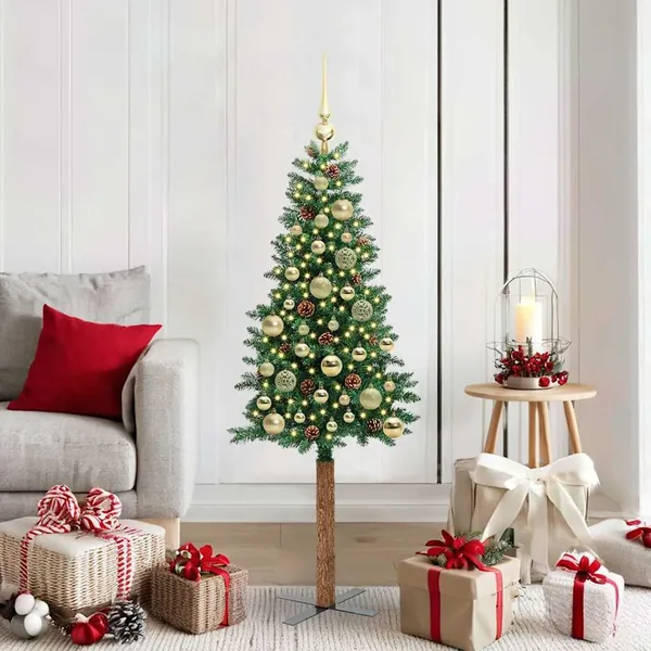 Sapin de Noël mince Vert 150 cm PVC et bois de pin massif