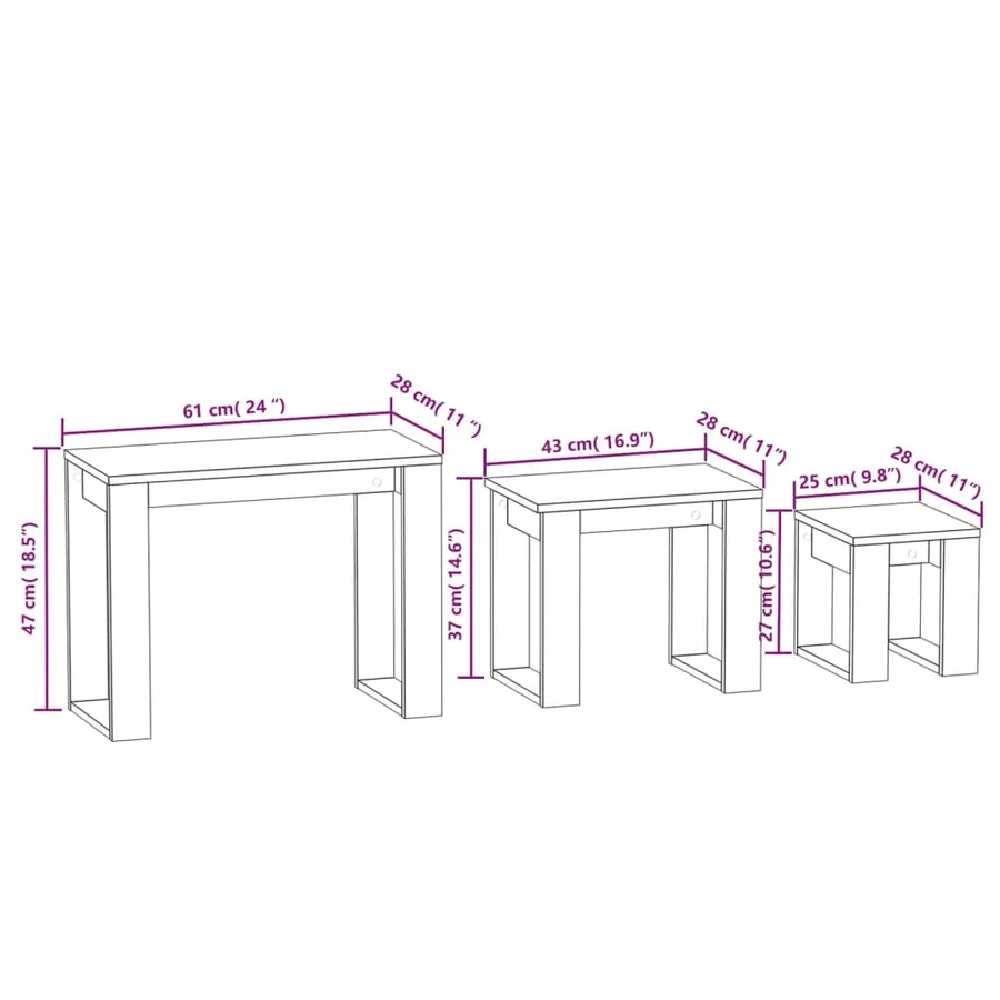 Tables gigognes 3 pcs Gris béton Bois d'ingénierie - 11