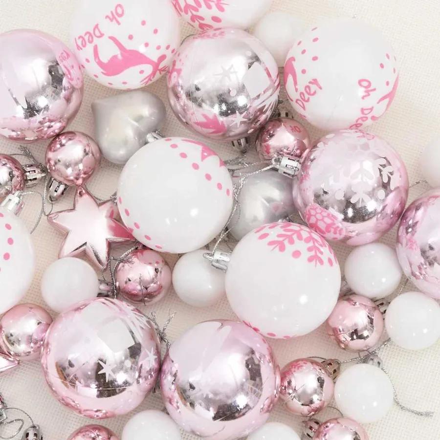 Ensemble de Boules de Noël 40 pcs Blanc et rose Plastique - 6
