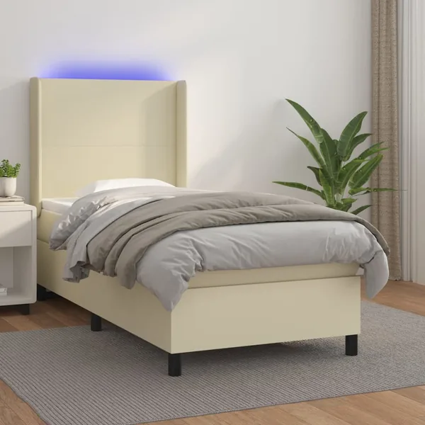 Sommier à lattes de lit matelas LED Crème 100x200 cm Similicuir