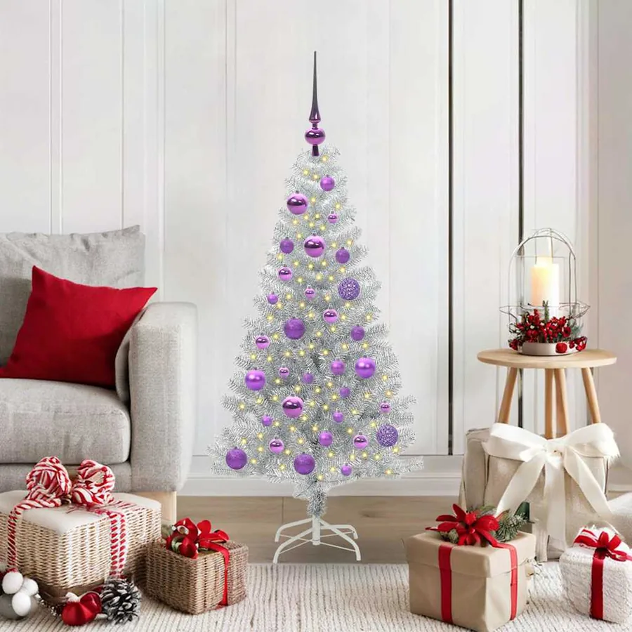 Sapin de Noël avec 150 LED avec support Argent 120 cm PET