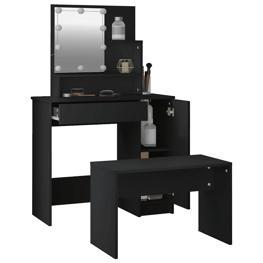 Ensemble de coiffeuse avec LED Noir Bois d'ingénierie - 13