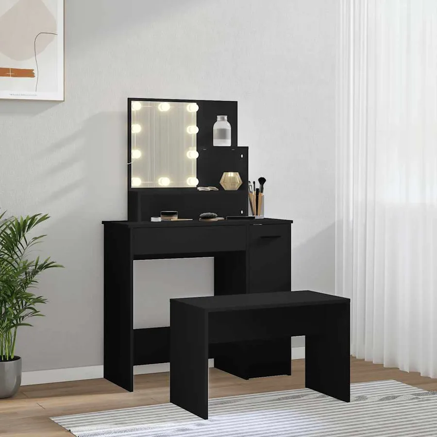 Ensemble de coiffeuse avec LED Noir Bois d'ingénierie - 3