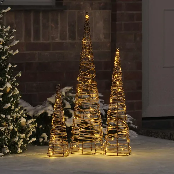 Sapin de Noël 3 pcs Blanc chaud 20 x 20 x 80 cm Rotin