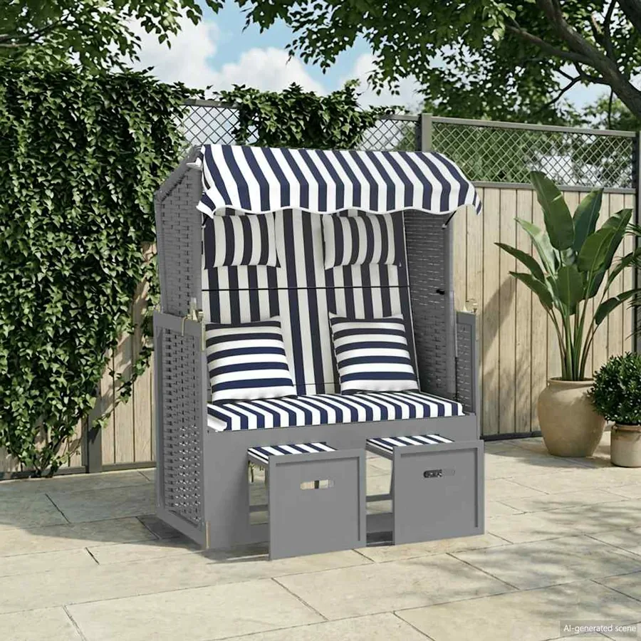 Strandkorb avec coussins résine tressée bois solide blanc gris - 55