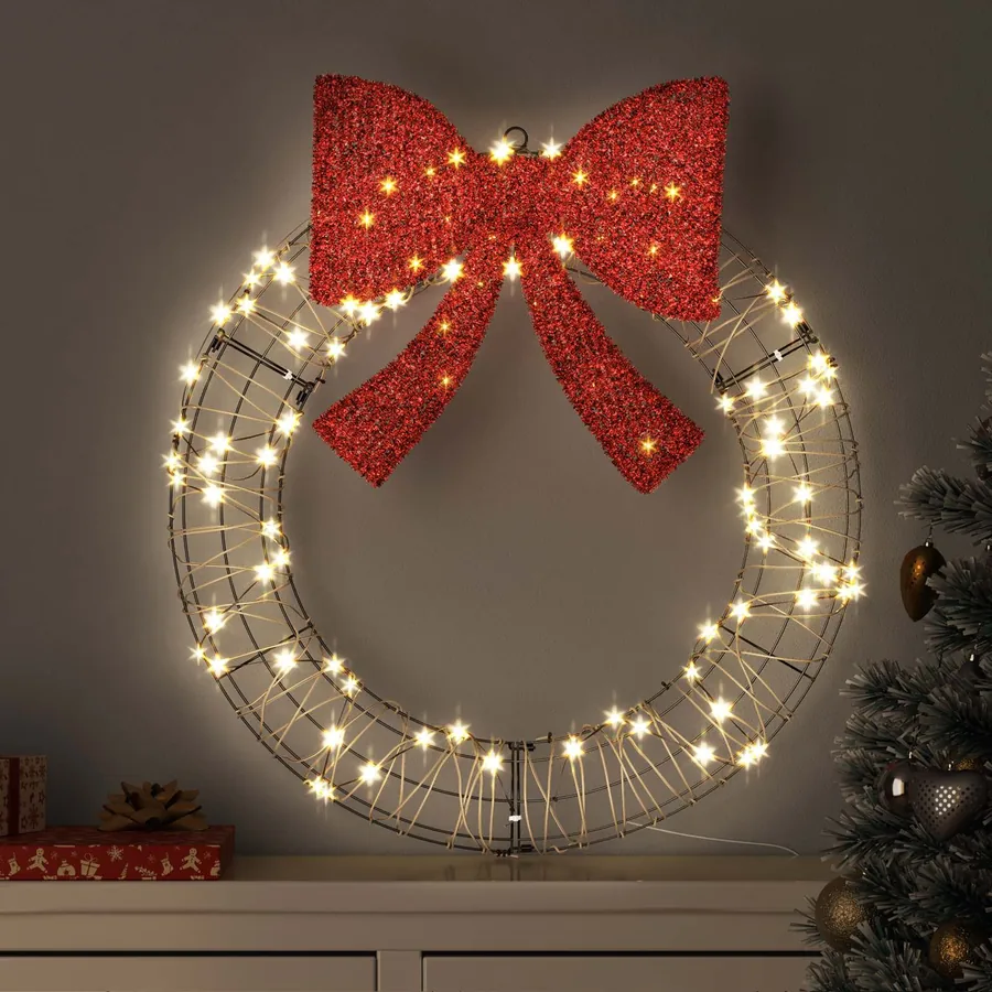 Couronne avec 60 LED Blanc chaud 75 x 75 x 8 cm Rotin