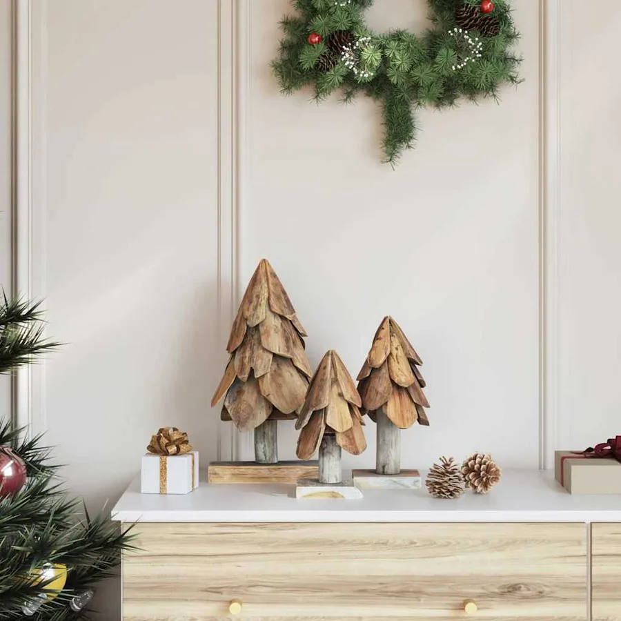 Sapin de Noël avec support 3 pcs Marron Bois de teck solide - 3