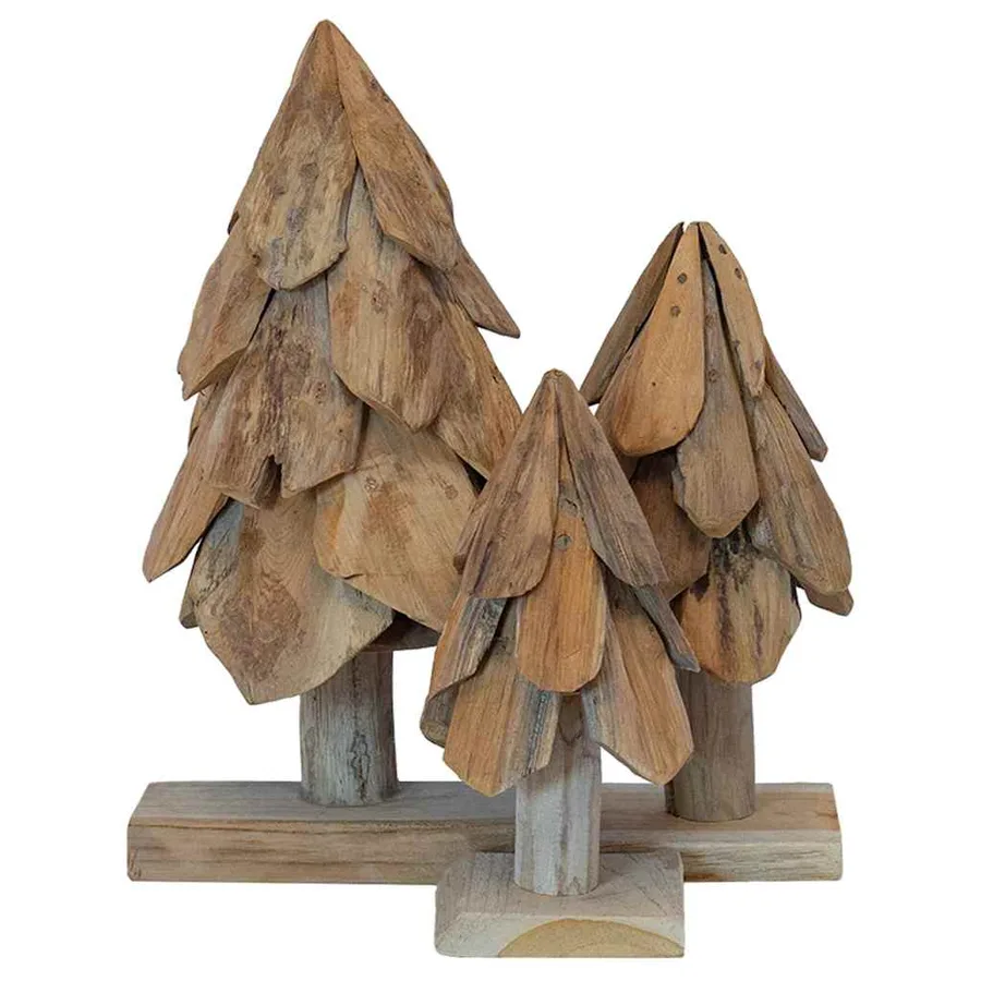 Sapin de Noël avec support 3 pcs Marron Bois de teck solide - 4