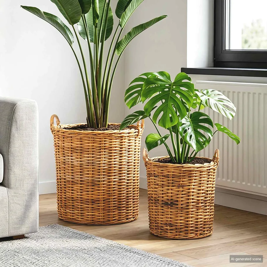 Panier à Plantes avec stockage 2 pc Brun Naturel Rattan Kubu