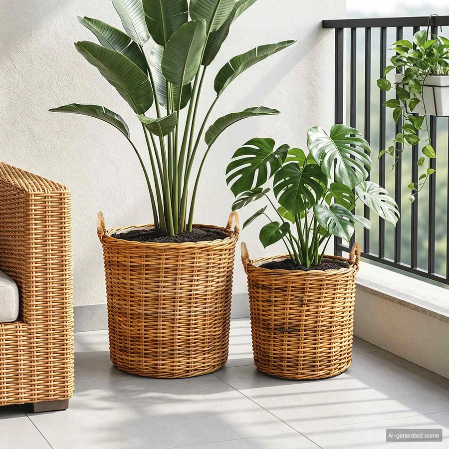 Panier à Plantes avec stockage 2 pc Brun Naturel Rattan Kubu - 3